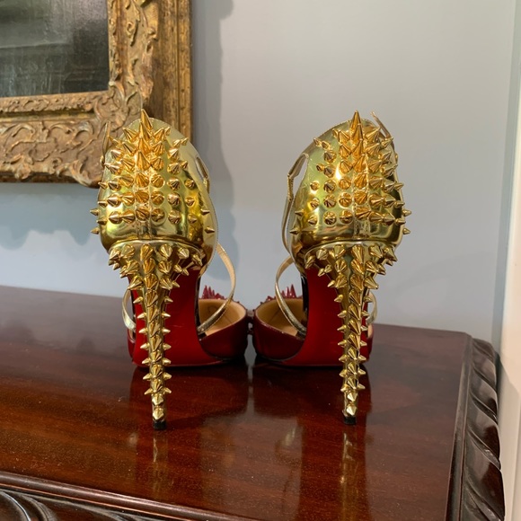 Louboutin Goldocross 100 Metallic Gold Carmin Spike Pumps 37 - Picture 4 of 8